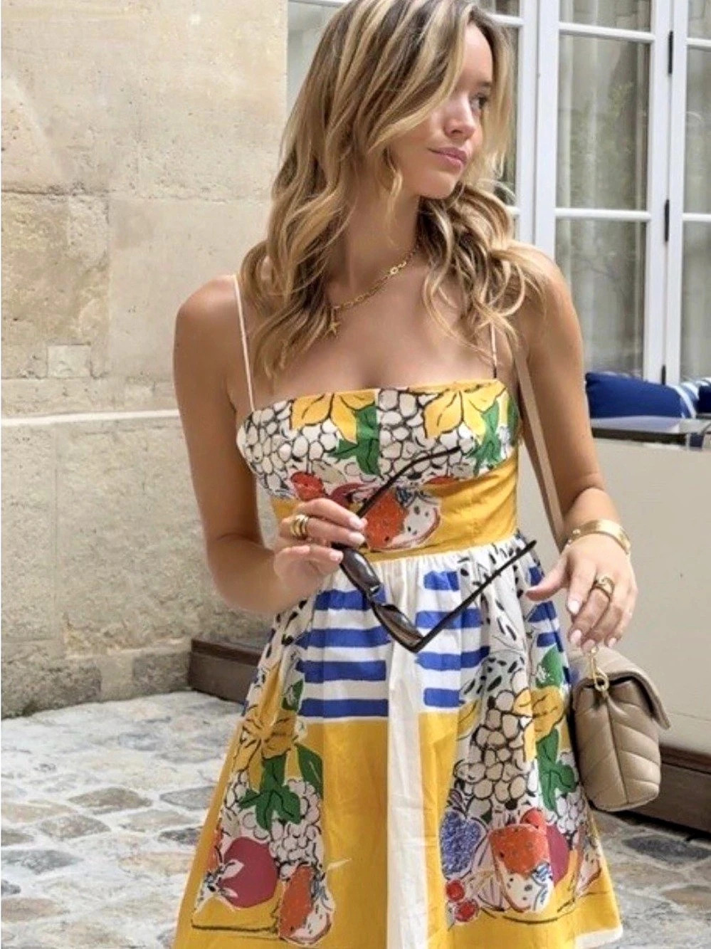 Zara Fruit Print Poplin Dress Floral Mini Yellow & Blue Medium NWT extra small - Picture 2 of 13